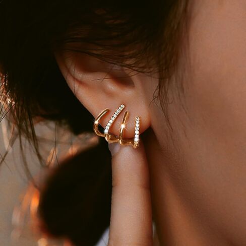 14K Gold Placed Hoop أقراط للنساء Triple Huggie Illusion Stud Encling | أقراط مزدوجة Huggie Hoop لفتحة واحدة | مخلب أذن الكفة هدية المجوهرات للنساء in Kuwait