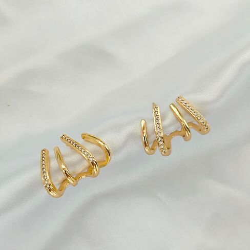 14K Gold Placed Hoop أقراط للنساء Triple Huggie Illusion Stud Encling | أقراط مزدوجة Huggie Hoop لفتحة واحدة | مخلب أذن الكفة هدية المجوهرات للنساء in Kuwait
