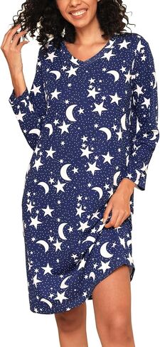 ENJOYNIGHT Women's Cotton Nightgown Long Sleeve V Neck Nightshirt Print Sleep Dress with Pockets in Saudi Arabia