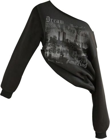 مريحة للنساء زائد الحجم قبالة الكتف الجرافيك من النوع الثني قميص طويل الأكمام عتيقة y2k pullover قمم in Saudi Arabia