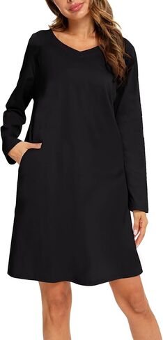 ENJOYNIGHT Women's Cotton Nightgown Long Sleeve V Neck Nightshirt Print Sleep Dress with Pockets in Saudi Arabia