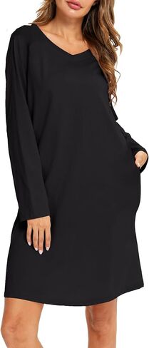 ENJOYNIGHT Women's Cotton Nightgown Long Sleeve V Neck Nightshirt Print Sleep Dress with Pockets in Saudi Arabia