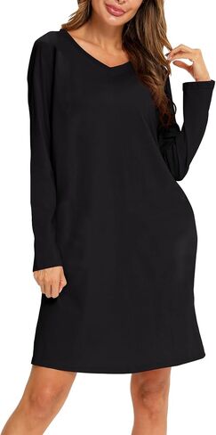 ENJOYNIGHT Women's Cotton Nightgown Long Sleeve V Neck Nightshirt Print Sleep Dress with Pockets in Saudi Arabia