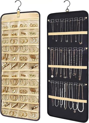 Bloss Hanging Jewelry Organizer with 48 Pockets, Doubled-Sided Mothers Day Gifts Hanging Jewelry Holder with Hanger Hooks, Jewelry Organizers and Storage for Earrings, Necklaces and Rings, Black in Saudi Arabia