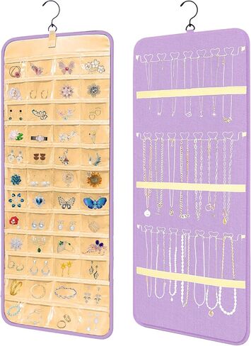 Bloss Hanging Jewelry Organizer with 48 Pockets, Doubled-Sided Mothers Day Gifts Hanging Jewelry Holder with Hanger Hooks, Jewelry Organizers and Storage for Earrings, Necklaces and Rings, Black in Saudi Arabia