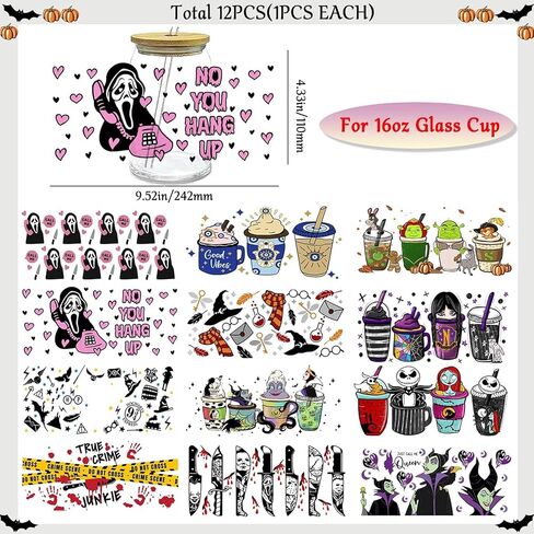 UV DTF Cup Wrap & Transfer Stickers - 16oz Glass Cup Decals, Waterproof Rub On Transfers for Crafts & Vintage (Halloween Series-12 Sheets) in Kuwait