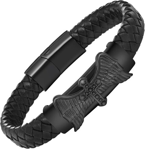 سوار جلدي للرجال ، الأسود الأسود الأسود أساور سوار الفولاذ المقاوم للصدأ هدايا مجوهرات مصنوعة يدويًا له in Kuwait