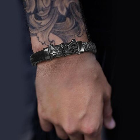 سوار جلدي للرجال ، الأسود الأسود الأسود أساور سوار الفولاذ المقاوم للصدأ هدايا مجوهرات مصنوعة يدويًا له in Kuwait