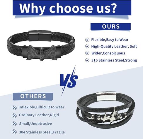 سوار جلدي للرجال ، الأسود الأسود الأسود أساور سوار الفولاذ المقاوم للصدأ هدايا مجوهرات مصنوعة يدويًا له in Kuwait