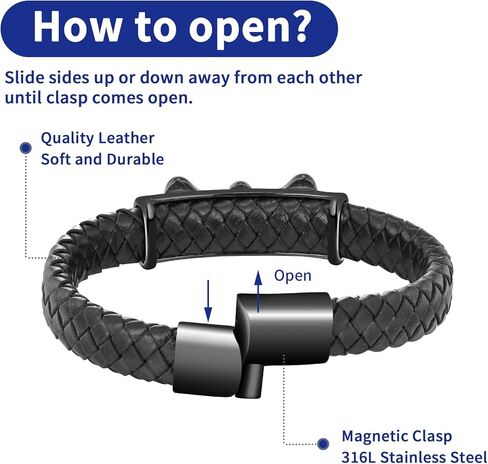 سوار جلدي للرجال ، الأسود الأسود الأسود أساور سوار الفولاذ المقاوم للصدأ هدايا مجوهرات مصنوعة يدويًا له in Kuwait