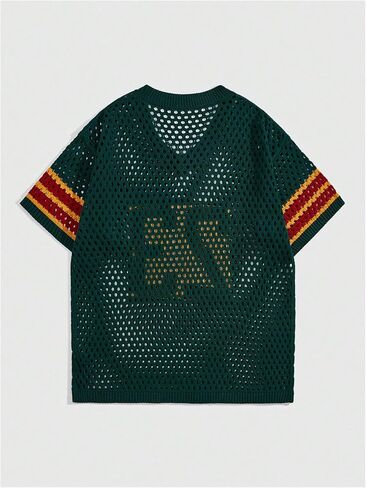 Verdusa Men's Jersey Shirt Letter Graphic Sweaters Hollow Out Knit Tops Vintage Short Sleeve Pullovers Top in Kuwait