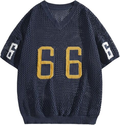 Verdusa Men's Jersey Shirt Letter Graphic Sweaters Hollow Out Knit Tops Vintage Short Sleeve Pullovers Top in Kuwait