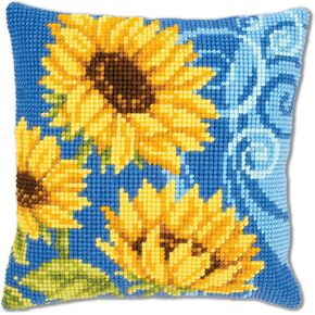 Vervaco Cross Stitch Cushion Kit Sunflowers On Blue 16" x 16"
