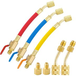R134A R410A R22 R12 A/C Charging Hoses and Ball Valve Set, 3 Colored Coded Hoses with Ball Valve and R410A Mini Split Adapters R134A Refrigerant Tank Adapter for HVAC Refrigerant System