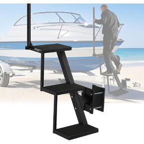 Boat Trailer Steps 3 Step w/Anti-Slip Mat & Handrail, 400LBS Capacity Boat Steps, Universal Fit Boat Trailer Tongue Steps, Flexible Step Height Installation, Easy Assembly & Safe Access