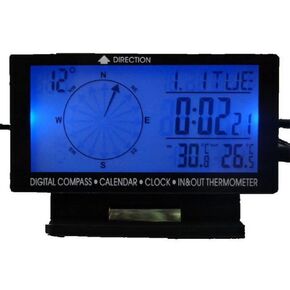 مقياس حرارة السيارة الرقمية أسود مع ساعة بوصلة خلفية زرقاء مع شاشة LCD كبيرة 3.9 بوصة