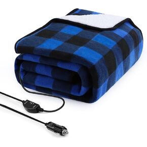 Heated car Blanket - 12 Volt Electric Blanket for car, Portable Heated Blanket for Car, Truck, SUV, RV & Camping, with Temperature Controller, 59" x 43"(Blue-Black Plaid