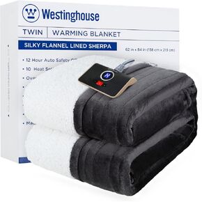 Westinghouse Heated Blanket Twin Size, Soft Flannel to Sherpa Electric Blanket with 10 Heating Levels, 12 Hours Auto Off, Fast Heating, Machine Washable, 62x84 Inch, Charcoal