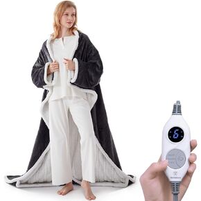 Westinghouse Electric Snuggle Throw Blankets with Foot Pocket, Wearable Heated Blanket with Sleeves, 6 Heating Levels & 2 to 10 Hours Heating Time Settings, 50 * 70"+18", Grey
