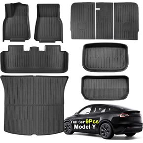 Super Liner Tesla Model Y Juniper Floor Mats 2025 2026 | مخصص مناسب في جميع الأحوال الجوية المكونة من 7 قطع مجموعة TPE Material | طراز Y Juniper Back Seat Protector Cargo Parner و Trunk and Interior Liner (غير مناسب 7 مقعدين)