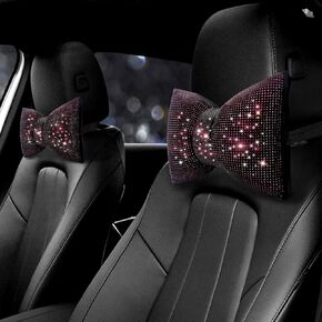 surpassme 2PCS Rhinestone Car Headrest Neck Pillow for Driving with Bling Bling Crystal Bow Pillow Car Accessories for Women (Silver/White)