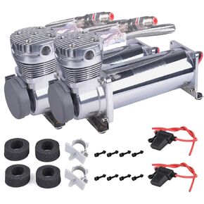 200PSI 3/8 NPT Heavy Duty Air Train Horn/Air Ride Suspension Compressor with 1/4 NPT Replacement Fittings 12V Black