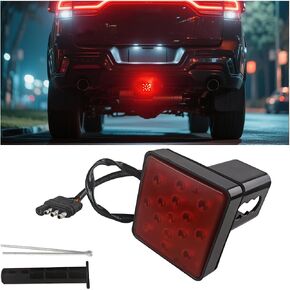 Trailer Hitch Receiver Cover with 15 LED Brake Lights, Super Bright Vehicle Lamp Tail Light Fit 2" Receiver, Auto Exterior Lighting Accessories, Universal for Towing Truck RV SUV (Red)