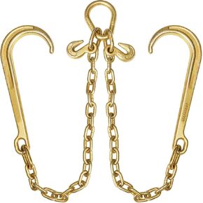 Lawei G70 Towing Chain Bridle, 5/16In x 2Ft V-Type Tow Chain with 15In J-Hooks and Grab Hooks, Grade 70 Safety Chains for Flatbed Trucks Rollback Wrecker Carrier, Yellow Zinc Plated, 5400LBS Capacity