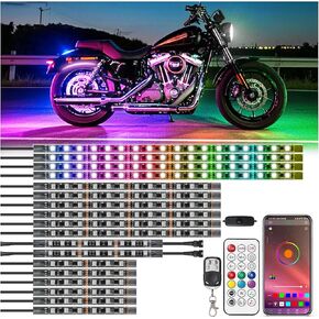8pcs RGB+IC مصابيح LED للدراجات النارية مع أوضاع ألوان مطاردة APP/RF عن بُعد ، طقم Underglow LED مع إشارة دوران الفرامل ، 12V Pixelglow Effect Lights Neon Strip Lights for Harley Kawasaki
