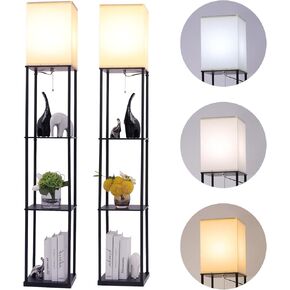 Floor Lamp with Shelves, Modern Square Standing Lamp with 3 Color Temperature Bulb, Corner Display Bookshelf Lamp for Living Room, Bedroom and Office (Black-9)