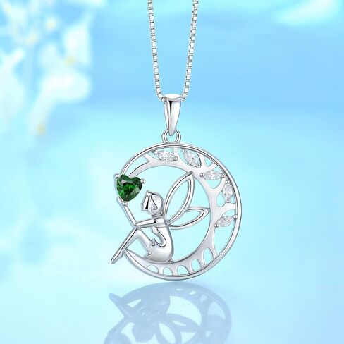 قلادة FJ Guardian Angel من الفضة الإسترلينية عيار 925 على شكل شجرة الحياة وقلادة على شكل قمر خرافي وقلادة جوهرة الميلاد هدايا مجوهرات للنساء in Kuwait