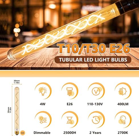 E26 Tubular LED Light Bulbs 40Watt,7.3inch T10 Tube Long Light Bulb Dimmable,4W Thin Vintage Edison LED Filament Decorative Antique Light Bulb,2700K Warm White Type T Bulb,400LM,110V,Amber(4-Pack) in Saudi Arabia