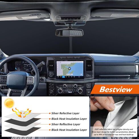 Bestview Windshield Sun Shade متوافق مع 2008-2016 Fo-rd F250 F350، النافذة الأمامية ظلة الشمس واقي الشمس كتلة الأشعة فوق البنفسجية الحرارة، قابلة للطي طبقتين مادة 210T in Saudi Arabia