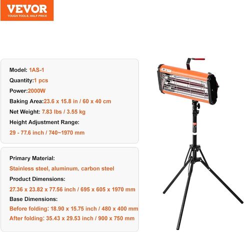 VEVOR Infrared Curing Lamp, Handheld/Stand Dual Use, 2000W 0-90 min Timing, Auto Heating Car Curing Light with Bracket, 3.55 sq.ft Spray Baking Booth Heaters, Paint Dryer for On-Site Repair in Saudi Arabia