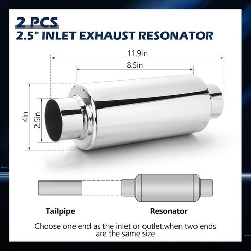 2 Pcs 2.5" Inlet Exhaust Resonator, 2.5" Inlet 2.5" Outlet 16" Overall Length Muffler Resonator Stainless Steel in Saudi Arabia