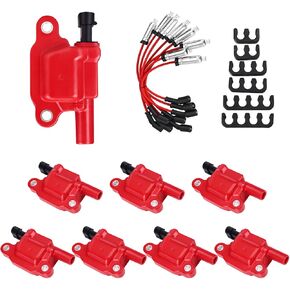 Ignition Coil Pack and Spark Plugs Wires UF413 Replacement for Cadillac Escalade, for GMC Yukon Canyon 2009-2012, for Chevy Silverado Impala Trailblazer Avalanche 5.3L 6.0L Set of 8 Red