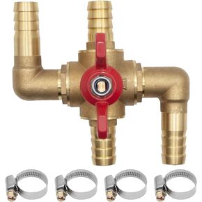 Solid Brass Heater Control Valve 5/8 Inch, Automobile Integrated 4-Way Heater Core Bypass Kit, Hose Barb Automotive Heater Bypass Valve Fitting with 4 Clamps (5/8"(16mm))