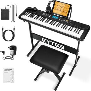 61 Key Keyboard Piano Beginners Full Size Keys, Electronic Keyboard, Complete Electric Keyboard Set, LCD, Headphones, Stand, Stool, Music Rest, Microphone, Built-In Speakers, 3 Teaching Modes