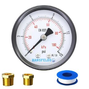 Hansfelds 0-100psi Dry Pressure Gauge, 2'' DIAL FACE*1/4NPT, Bottom, Black Steel case and Bezel, Glass Window,Brass Internal and Connection, Dual Scale bar/psi, with Logo hansfelds, Accuracy 1.6