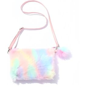Plush Tie-Dye Rainbow Shoulder Bag, Fashion Cute Handbag Cosmetic Bag for Women and Girls Gifts