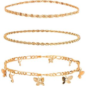 3pcs أساور الكاحل للنساء ، سبيكة مقاومة للماء الفراشة الفراشة السلسلة ثلاثة أنماط من طرازات المجلات المجردة للمجوهرات للنساء فتيات الصيف شاطئ التخرج