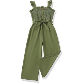 Girls Jumpsuit Kids Clothes Fashion Ruffle Sleeveless Wide Leg Belted Romper Smocked Summer Outfits with Pockets