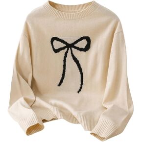 Girl's Bow Sweater Crew Neck Cute Sweaters Long Sleeve Knit Pullovers Sweater