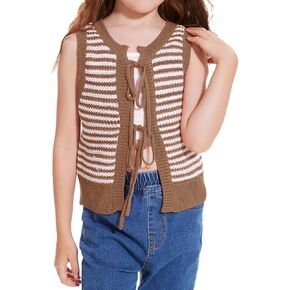 Girls Sweater Vest Kids Casual Sleeveless Crochet Tops Color Block Tie Back Knit Tank Tops