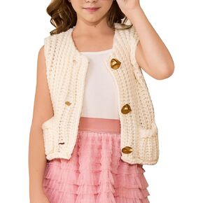 Flygo Girls Sweater Vest Chunky Button Down Crochet Knit Cardigan Trendy Sleeveless Sweaters Top with Pockets 5-14 Years