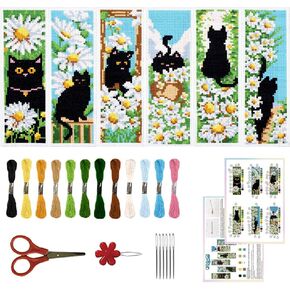 ORIGACH 6 Pcs Cross Stitch Bookmark Kit for Beginner Adults, Cat and Daisy Stamped Embroidery Bookmark Kit with Instruction for Starters Printed Cross Stitch DIY Kits for Book Lovers