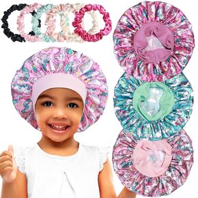 3pcs Satin Bonnets for Kids Sleeping, Cute Hair Bonnet with Scrunchies for Girls Curly Hair, C