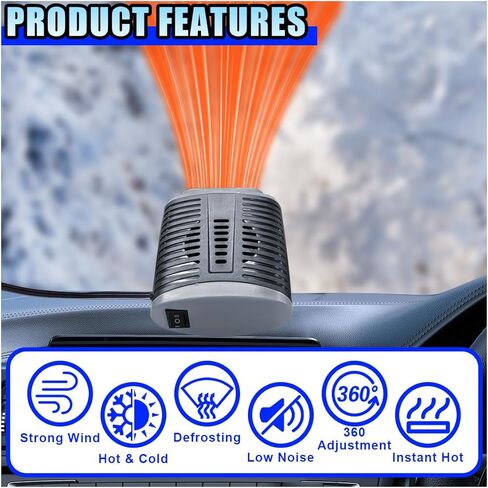 Portable Car Heater, 12V 150W Windshield Defogger and Defroster that Plug into Cigarette Lighter for Winter, 2 in 1 Fast Heating & Cooling Fan with 360° Rotatable Base for Car Sedan (Grey/Black) in Kuwait