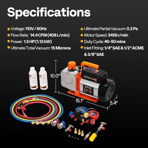 VIVOHOME VG Series AC Vacuum Pump and Gauge Set, 1/2 HP 5CFM 2 Stage HVAC Vacuum Pump and 3 Way Manifold Gauge Kit with 5ft Hoses for R134a R12 R22 R502 R410a Auto HVAC Systems Commercial Use in Saudi Arabia