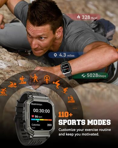 Military Smart Watches for Men (Answer/Make Calls),1.91'' Fitness Smart Watch for Android and iPhone,IP68 Waterproof Fitness Tracker with Step Counter/Sleep Monitor/110+ Sport Modes,Smartwatch for Men in Kuwait